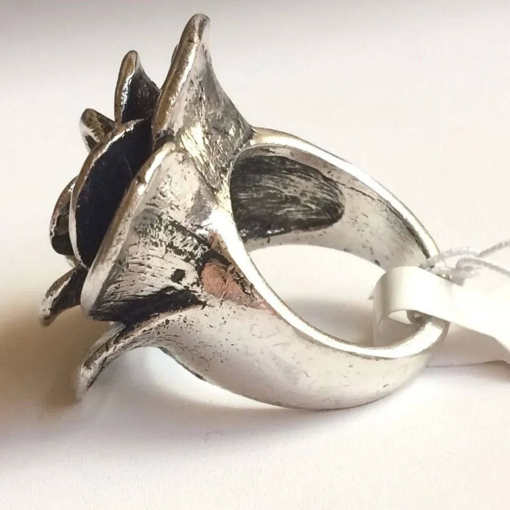 Vtg Silver Tone Rose Flower Bloom Cocktail Ring Size 6 7 8 9 Chunky Statement